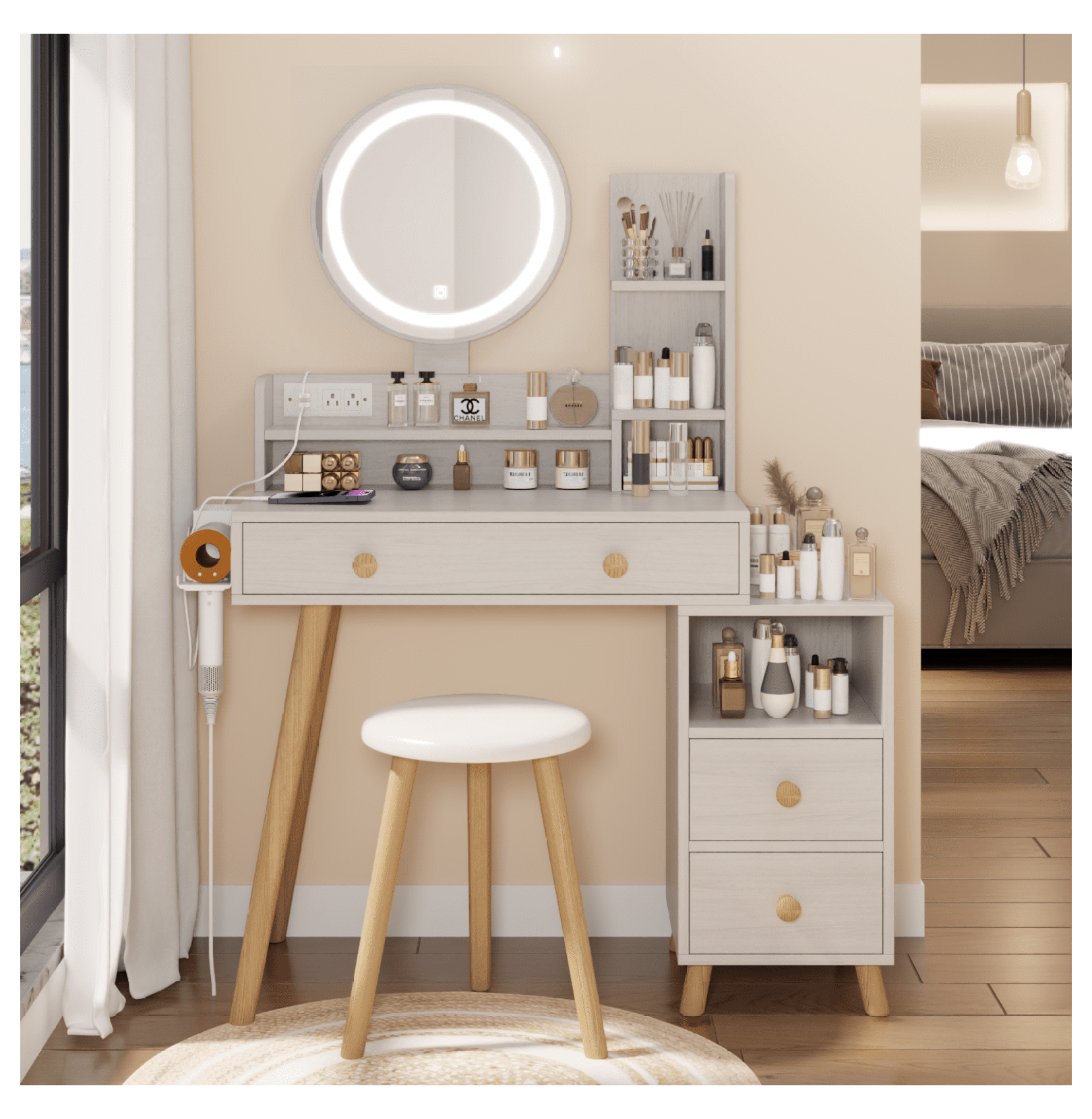 Vanity Table Set with Mirror & Stool, Makeup Vanity with LED Lights, 2