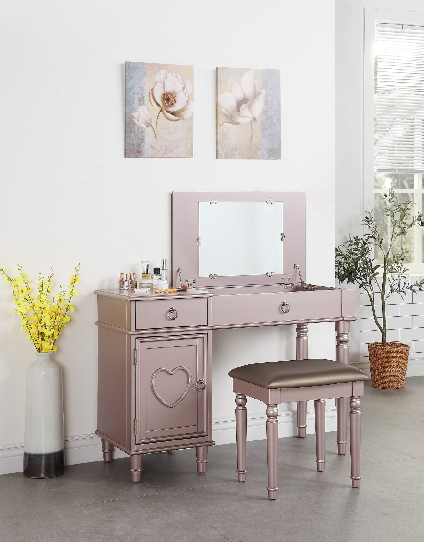 Ladies Table Vanity Table Set with Open Up Mirror, Modern Makeup Table with ...
