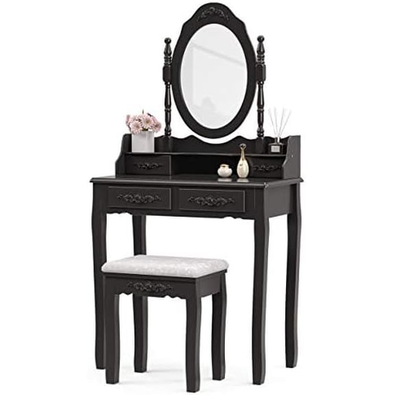 Vanity Table Set/Oval Mirror, 4 Drawer Storage, Black Wood Makeup Table with Cushioned Stool$$Home Decor, Kitchen, & Other