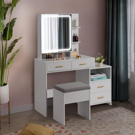 Vanity Table Set with Sliding Lighted Mirror 3-Color Lighting Makeup Desk with 4 Drawers, Storage Shelves, Cushioned Stool, LED Dressing Table for Women, White
