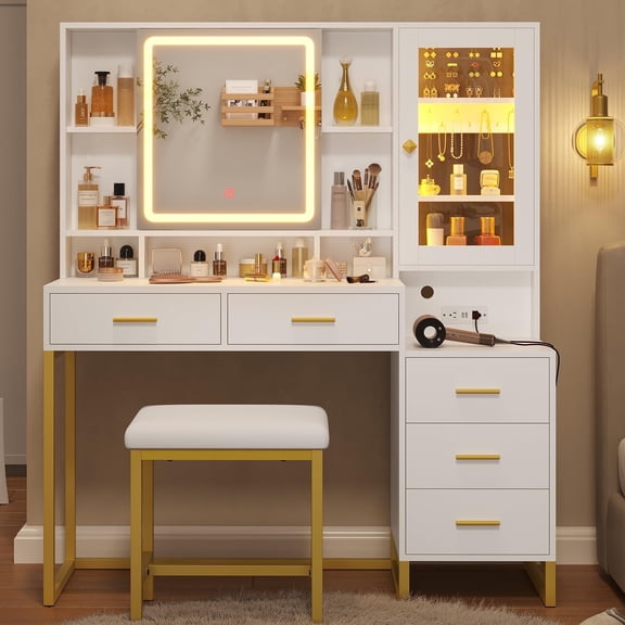 Vanity Table Set with Upholstered Stool,Makeup Vanity with Mirror and Lights with Charging Station, Vanity Desk with 5 Drawers & Shelves,Vanity Table Set with Jewelry Storage & RGB Lights,White