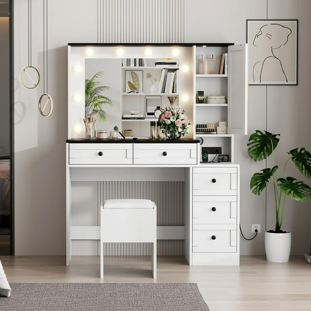 Makeup Vanity Desk No Mirror With Chair For Girls, White Small Vanity