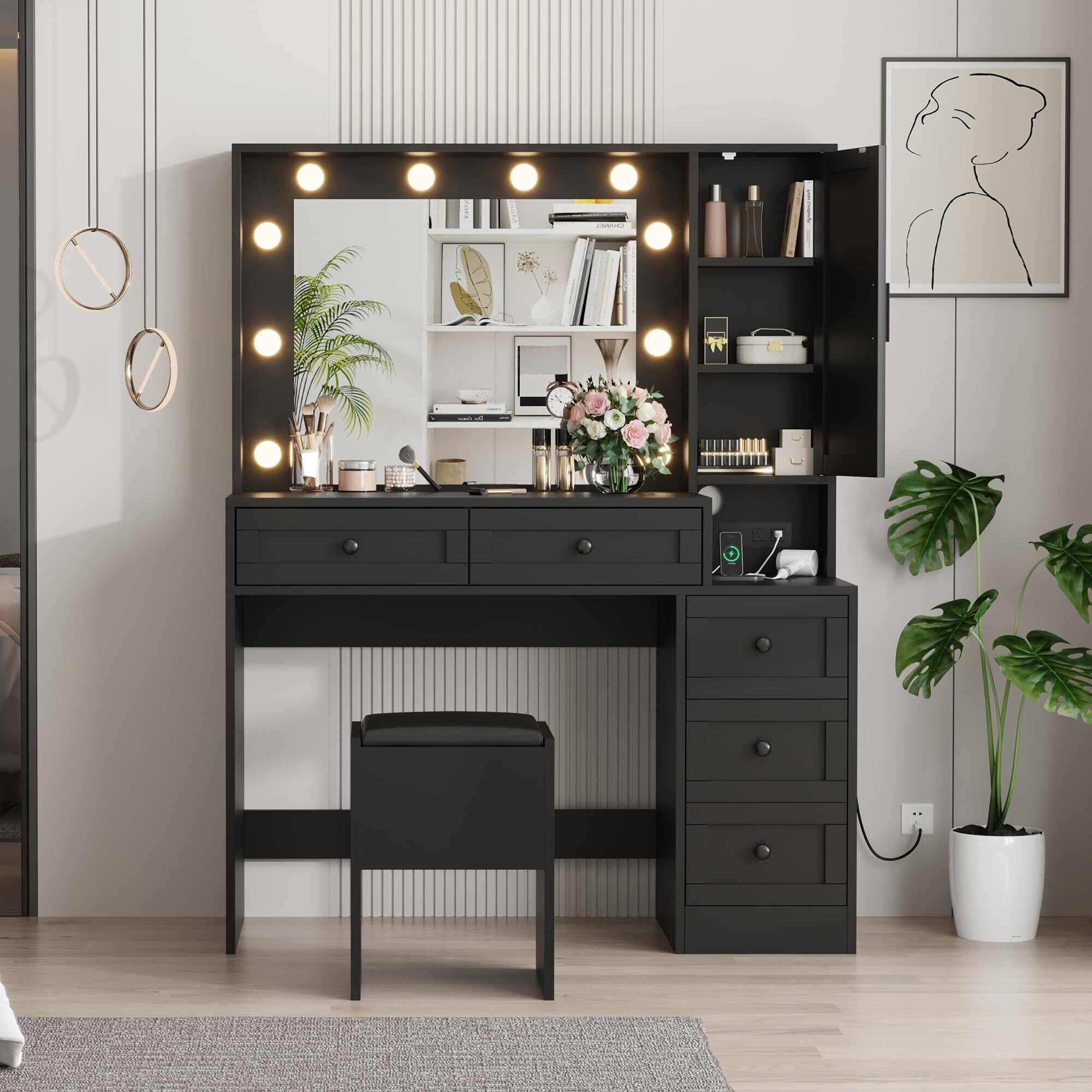 Vanity Table Set with 3 Color Lighted Mirror, Makeup Vanity Desk with 5 ...