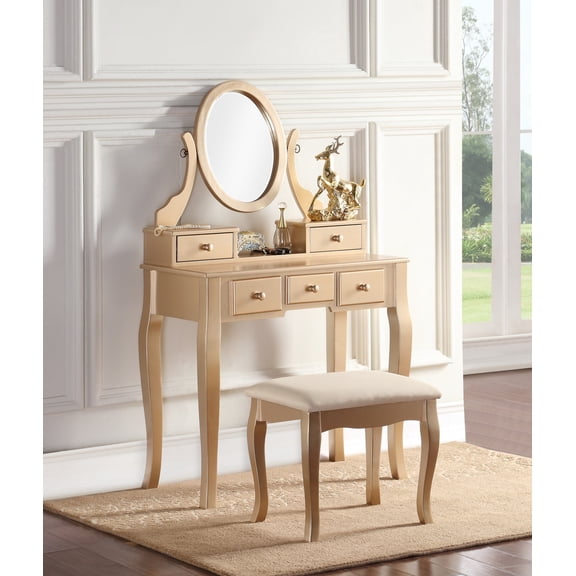 Vanity Table Set with 5 Drawers, Makeup Dressing Table w/Cushioned Stool, Girls Women Dressing Desk Set with Oval Mirror, Gold