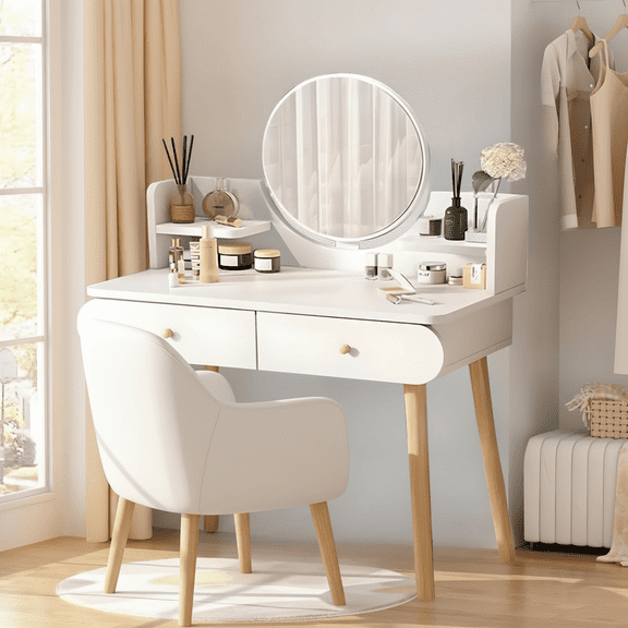 HENG Co. Vanity Table Set with Mirror, Modern Makeup Dressing Table with 2 Drawers and 2 Shelves, White
