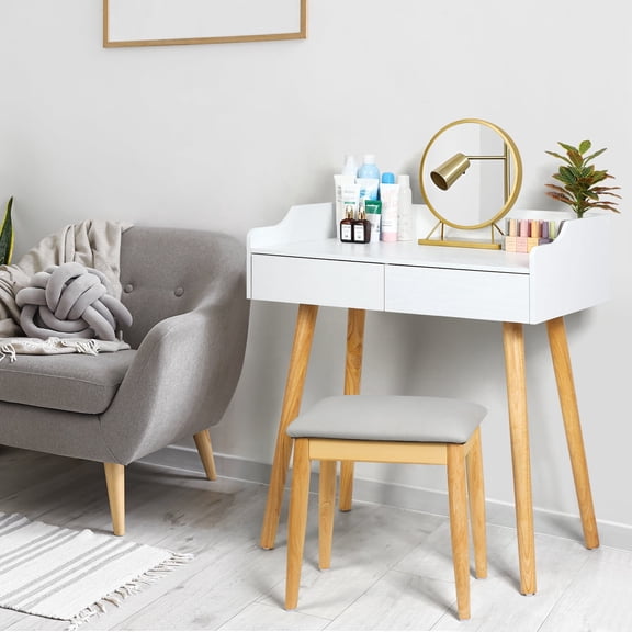 Vanity Table Set with Mirror and Stool - White Makeup Desk with 2 Drawers for Bedroom, Mid Century Modern Dressing Table