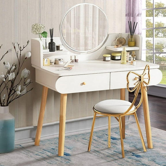 Vanity Table Set with Round Mirror & 2 Drawers Makeup Dressing Table,White (without Stool)