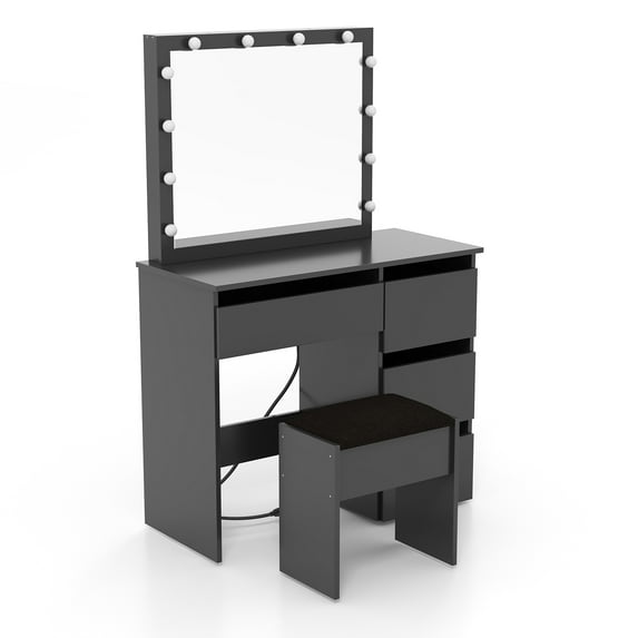 Vanity Table Set with Touch Light Mirror and Power Outlet, Wood Makeup Vanity Desk Dressing Table with 4 Drawers and Upholstered Stool