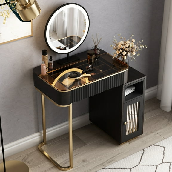 Vanity Table with Stool,Retractable Makeup,Dressing Table,Vanity Desk,Dresser Desk,Vanity Set for Small Spaces,4 Drawers, Side Cabinet, LED Lighted Mirror, Gold-Plated Stainless Steel Legs