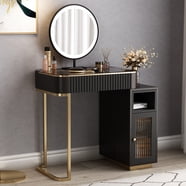 Lartis Makeup Vanity Table With Stool & LED Mirror - Gold Legs, 5 Drawers, Side Cabinet, Sensor Light, Easy Assembly Dressing Desk