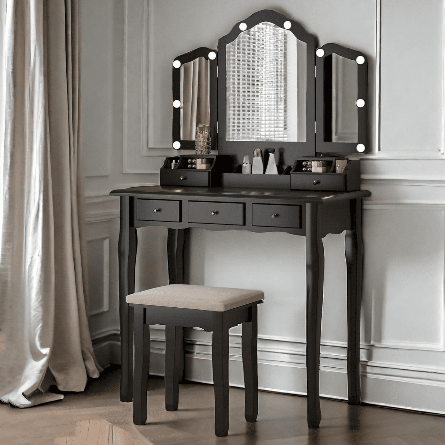 Vanity Table and Stool Set Retro Vanity Desk with Mirror and Lights Tri