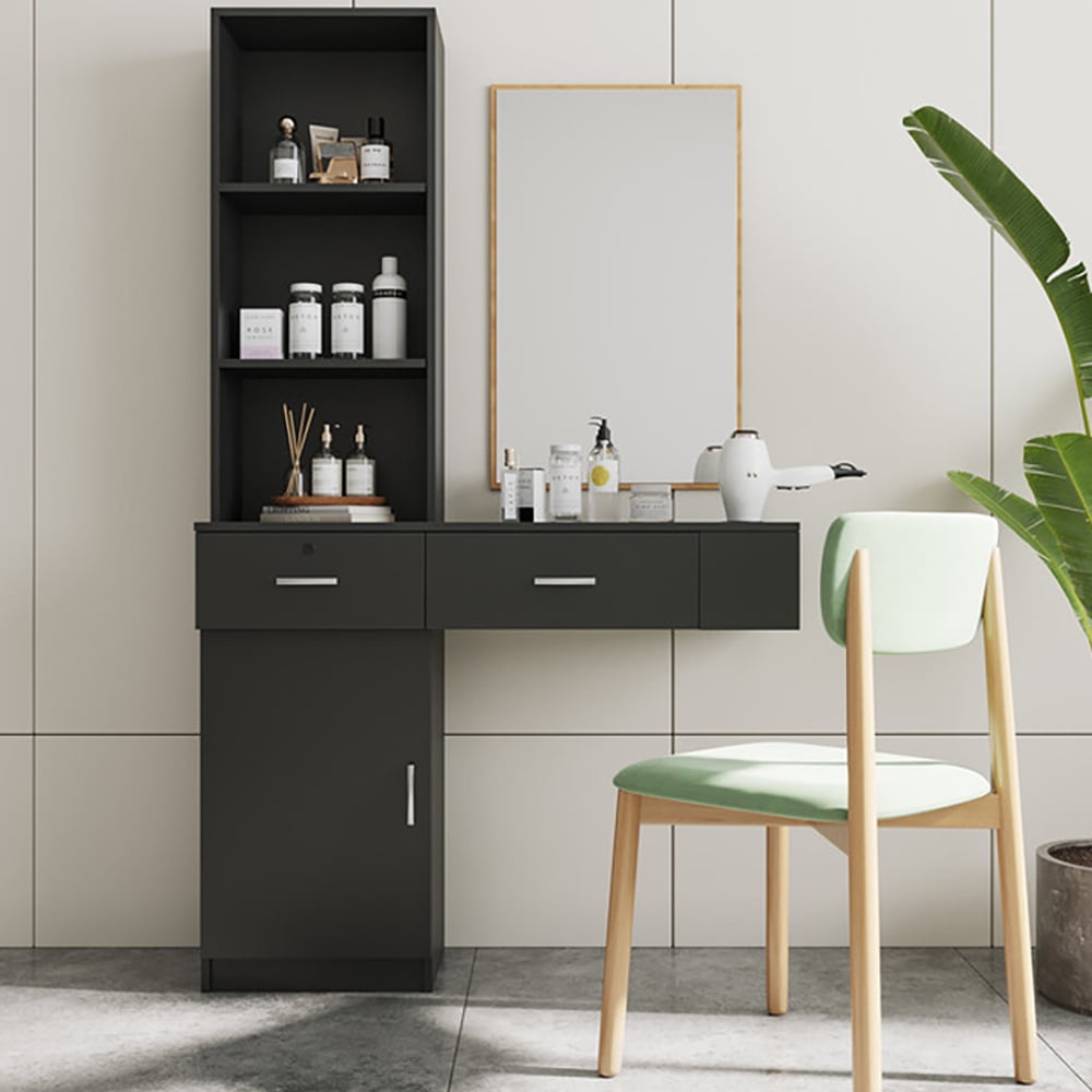 Vanity Table with Storage, Modern 2 Drawers and 1 Cabinet Makeup Dressing Desk with Hair Dryer ...