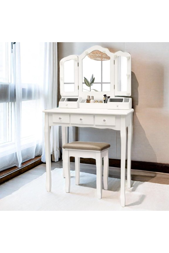 Vanity Table, Vintage Vanity Desk with Mirror and Lights, Tri-Fold Mirror Small Makeup Vanity with Chair, Vanity Set for Bedroom and Small Spaces. Carbon Black