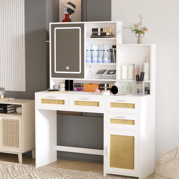 Vanity Table With 3 Color Lights & Shelves, 4 Drawers, 1 Cabinet, Decorates Bedroom White Makeup Openable Mirror, Charisma