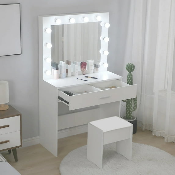 Vanity Table with 12 LED Lighted Mirror, 3-gear Dimming Makeup Dressing Table with Large Drawer and Stool,White
