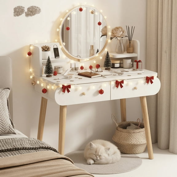 SIMANLI Vanity Table with 2 Drawers, Makeup Dressing Desk with Mirror, Bedroom Vanities Set White (without Stool)