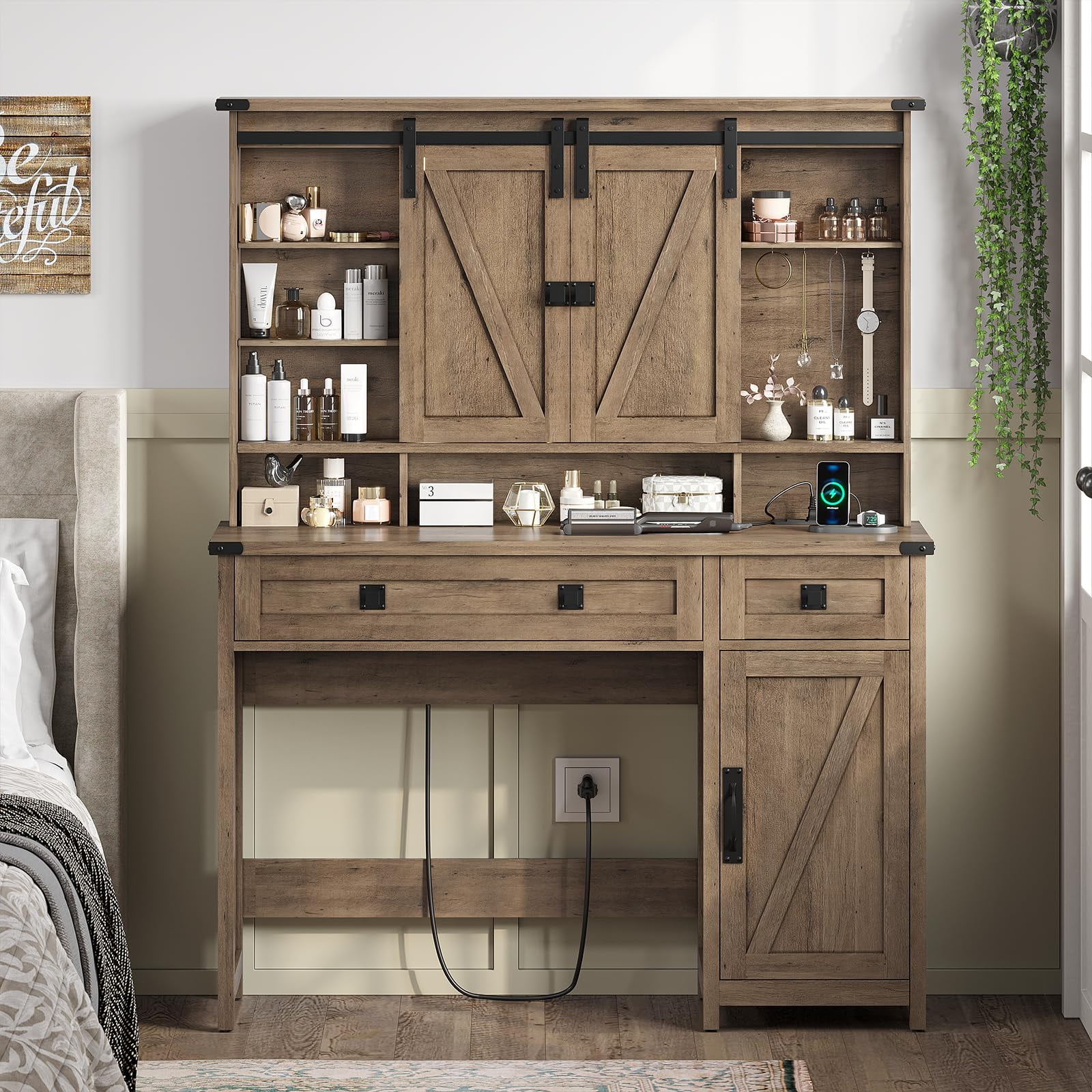 Vanity Table with Charging Station and Lights Mirror, Farmhouse Makeup