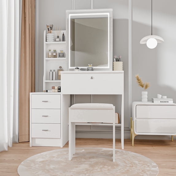Natfurhome A 1 Piece Adult Minimalist 3 LED Lighting Modes, Adjustable Brightness Chair and Mirror and Drawer Table Set White