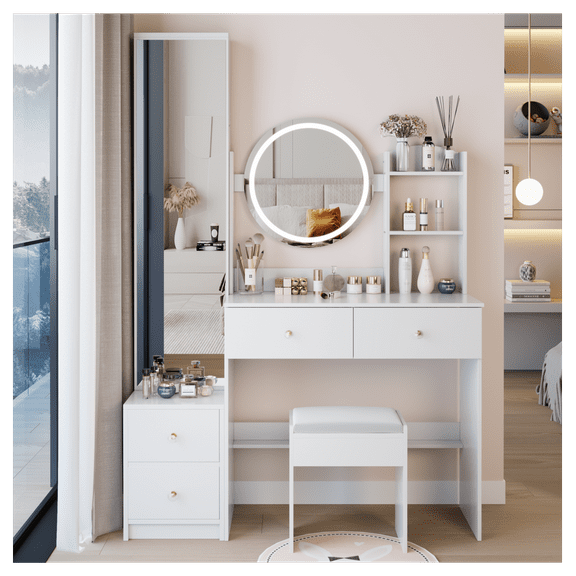 Vanity Table with Full Body Mirror Cabinet & Round LED Mirror, 17" Touch Control, 3-Color Brightness Adjustable, Cushioned Stool