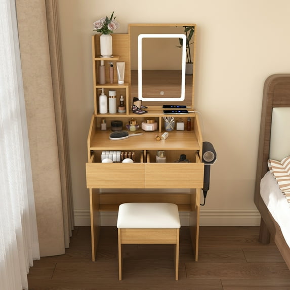 Vanity Table with LED Illuminated Mirror, Power Outlet & Hairdryer Holder, Compact Dressing Desk with 2 Drawers and Stool, Wood Finish