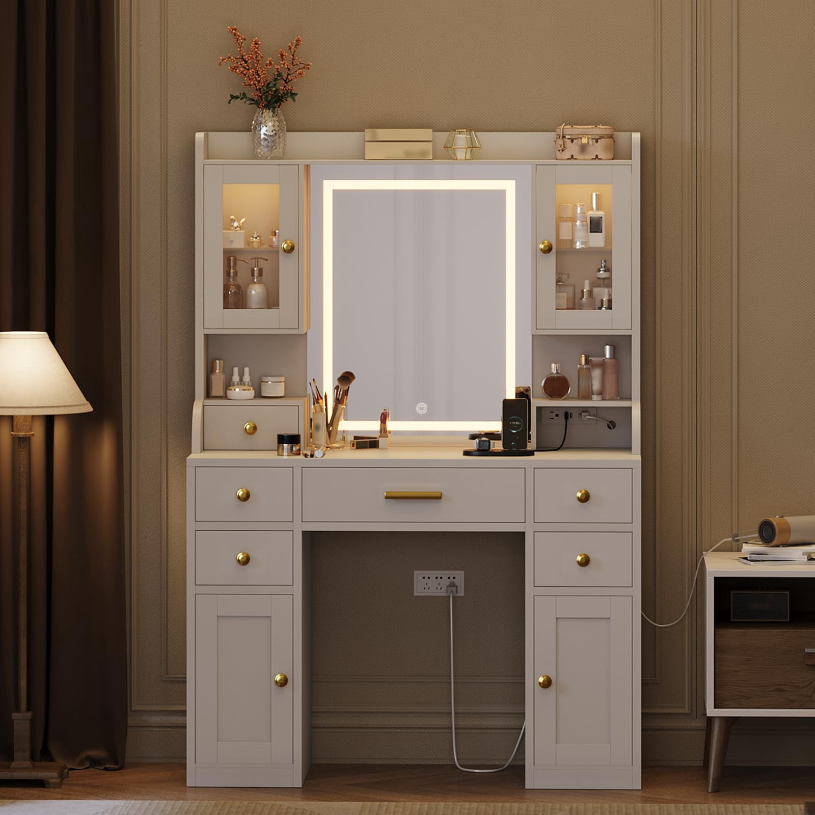Vanity Table with LED Lighted Mirror, Built-in Power Strip & Glass Cabinets, Makeup Desk with 7 Drawers & Open Shelves, White Dressing Table