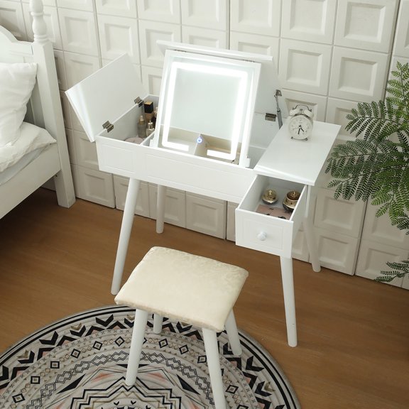 Vanity Table with Large LED Mirror and Storage Compartments / Enhance Makeup Efficiency
