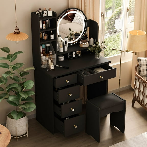 KULAGAGA Vanity Table with Light Round Mirror, Makeup Drssing Desk with Drawers for Bedroom Black