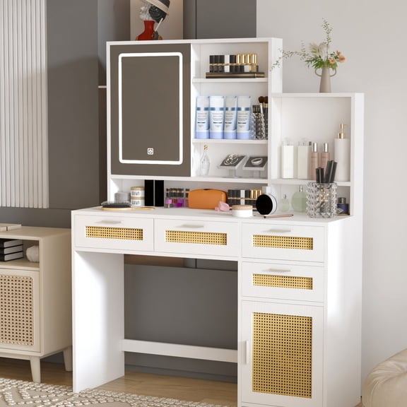 Vanity Table with Lights | 3 - Color Lighting for Skin Care and Makeup | White MDF Vanity with 3 Extra - Deep Drawers | Save Space in Bedroom