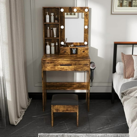 23.6" Small Makeup Vanity Desk Set with Hollywood-Style LED Bulbs Mirror, 7 Dimmable Lights, Power Outlet & Stool for Teen Girls, Rustic Brown