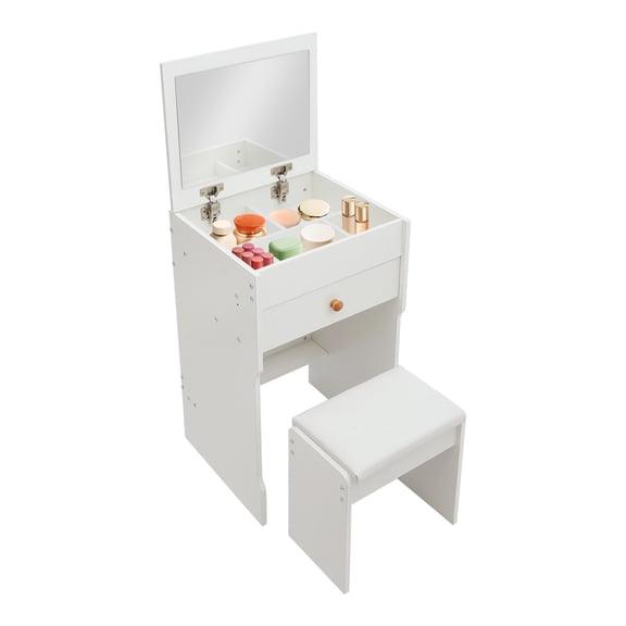 Vanity Table with Mirror, Compact Makeup Vanity with Storage Compartments and Stool, Dressing Table for Bedroom