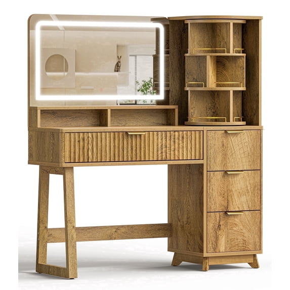 BrooveWave 47.3in Women Makeup Vanity Desk with Mirror and LED Light and 360° Rotating Storage Shelf,Fluted Wood Vanities with Power Outlet & Dryer HolderTable