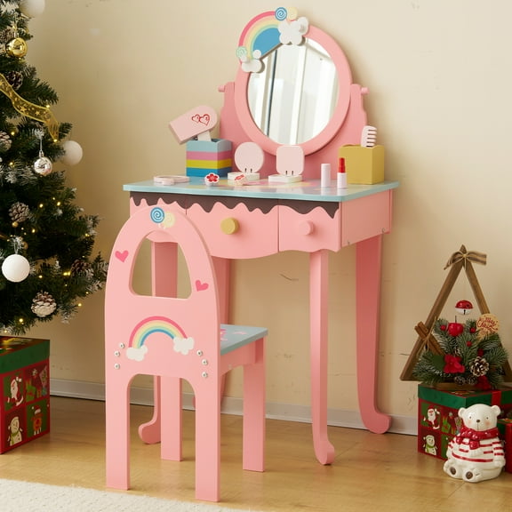 Princess Vanity Table with LED Lights & Stool, 3-Drawer Makeup Dresser Table, Pretend Play Dressing Desk for Girls