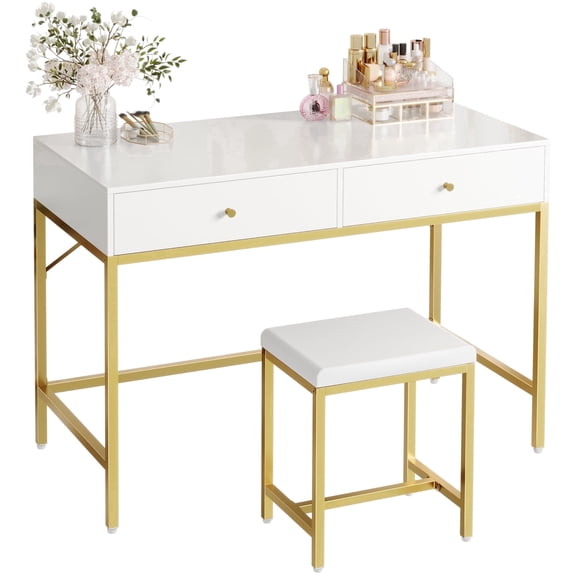 Amadwell 35.4 Inches White and Gold Desk with 2 Drawers, Vanity Desk with Padded Stool, Bedroom