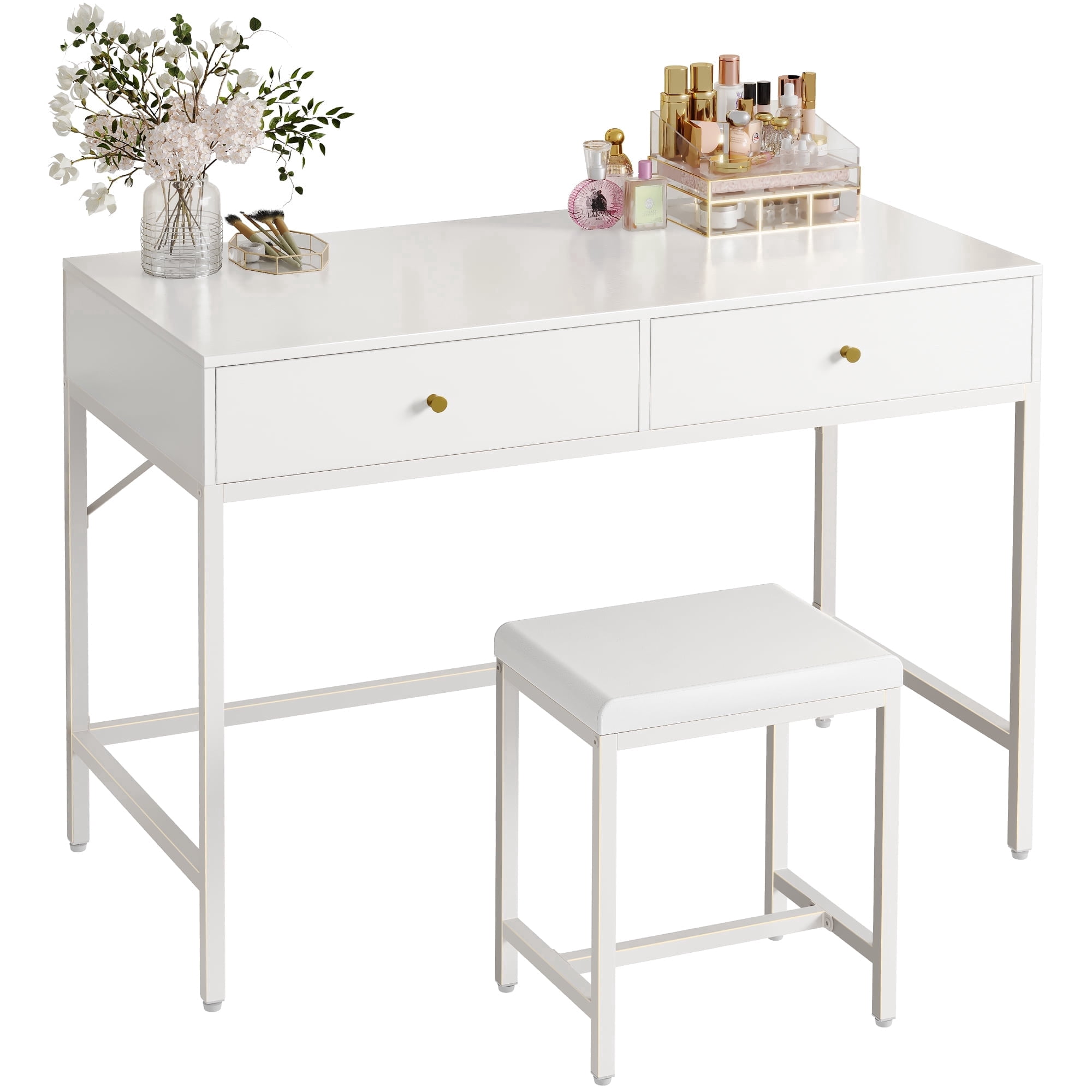 Amadwell 35.4 Inches White and Gold Desk with 2 Drawers, Vanity Desk with Padded Stool, Bedroom