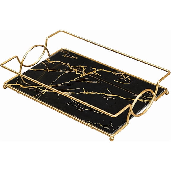Vanity Tray Luxury Bathroom Counter Tray Glass Perfume Organizer Holder Cosmetics Makeup Skincare Display Decorative Vanity Trays for Bathroom Dresser Bedroom (Black Gold, L)