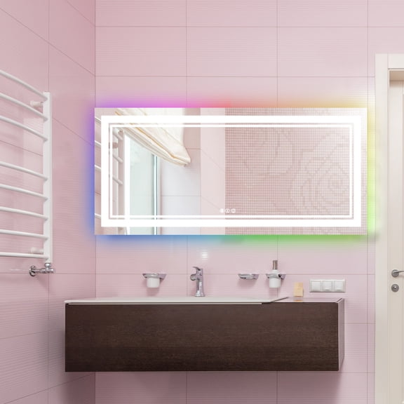 Vanity Trident Rainbow LED Mirror with Touch ON/OFF Dimmer & Fog Free Function 60"X28"