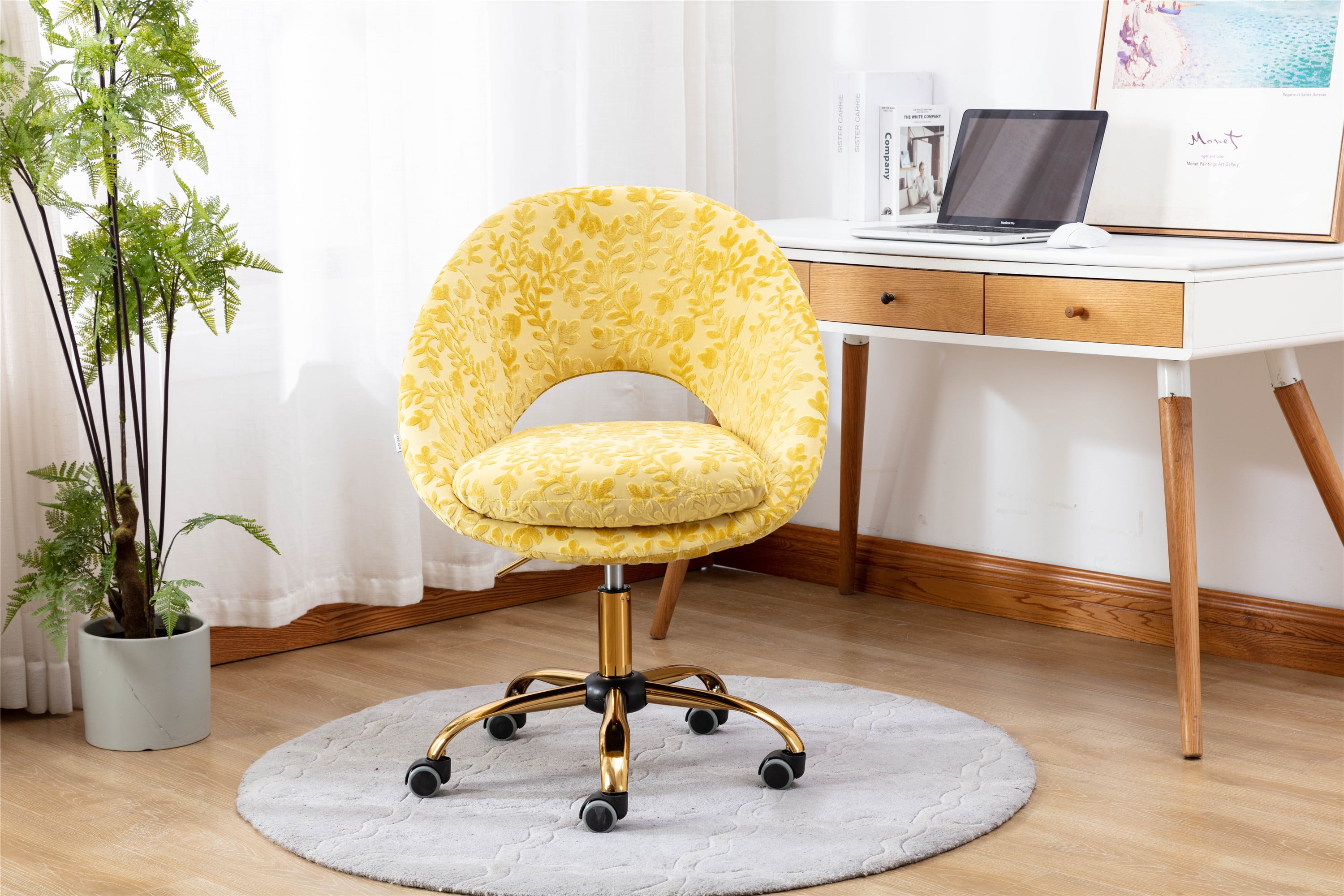 Vanity Upholstered Chair, Bedroom Chair, Swivel office Chair for Living Room/Bed Room, Modern Leisure Office 360° Swivel Height Adjustable Chair, Small Desk Chair Yellow