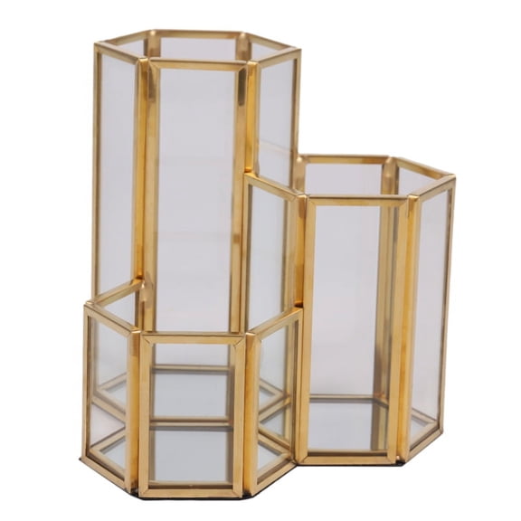 Vanity and Desk Organizer for Small Spaces, Hexagonal Glass Pen Holder with Copper Trim, Gold 116mm, No Plastic