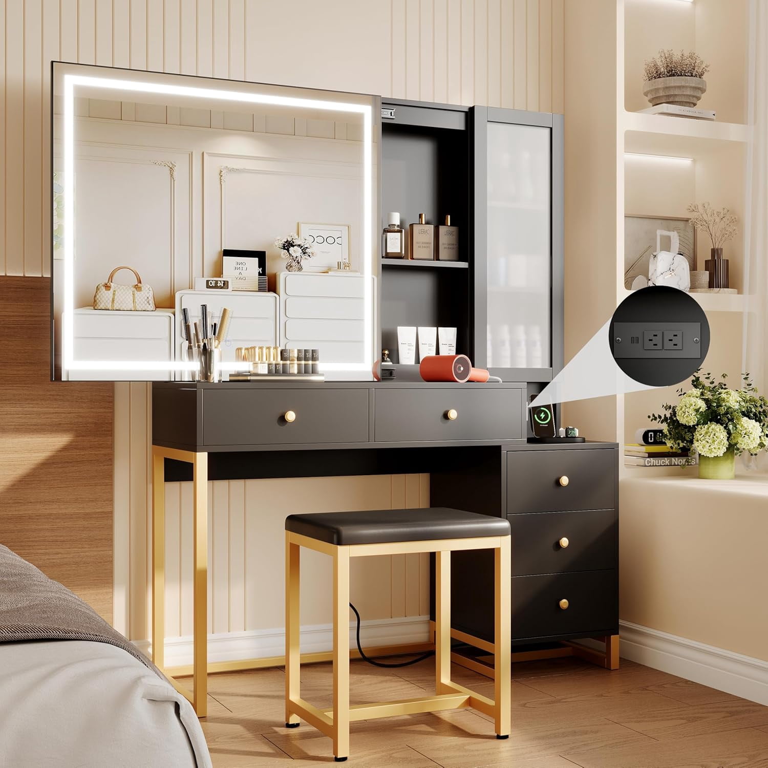 Vanity desk with lighted mirror, makeup vanity set with drawers and