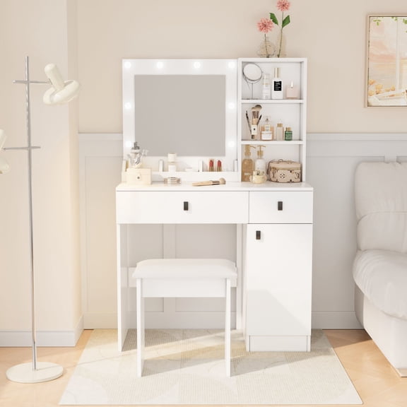 Vanity set with open shelves and 2 deep drawers / Convenient for bedroom accessory organization