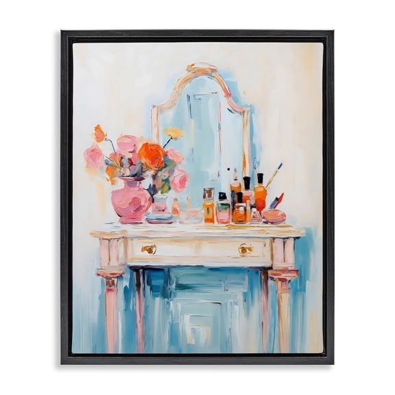 Stupell Industries Vanity with Cosmetic Bottles Black Framed Floater Canvas Wall Art, design by Creative Studio, 21 x 17