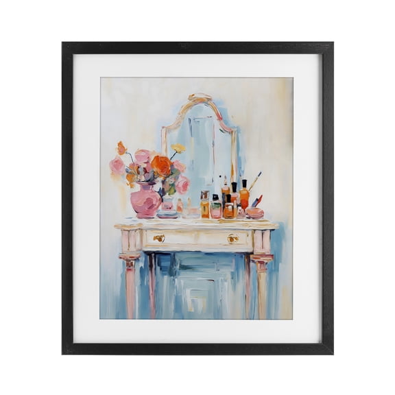 Stupell Industries Vanity with Cosmetic Bottles Black Framed Print Under Glass, design by Creative Studio, 21 x 17