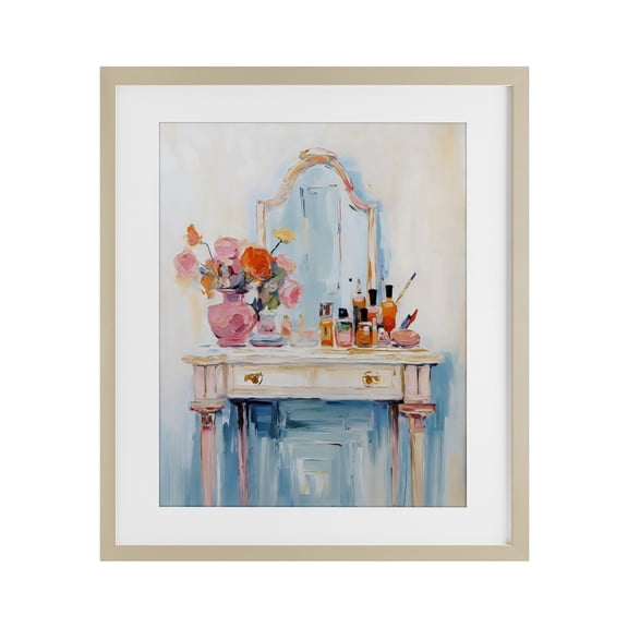 Stupell Industries Vanity with Cosmetic Bottles Birch Framed Print Under Glass, design by Creative Studio, 21 x 17