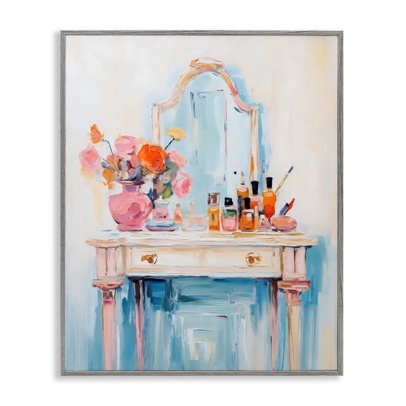 Stupell Industries Vanity with Cosmetic Bottles Gray Framed Giclee Art, design by Creative Studio, 30 x 24