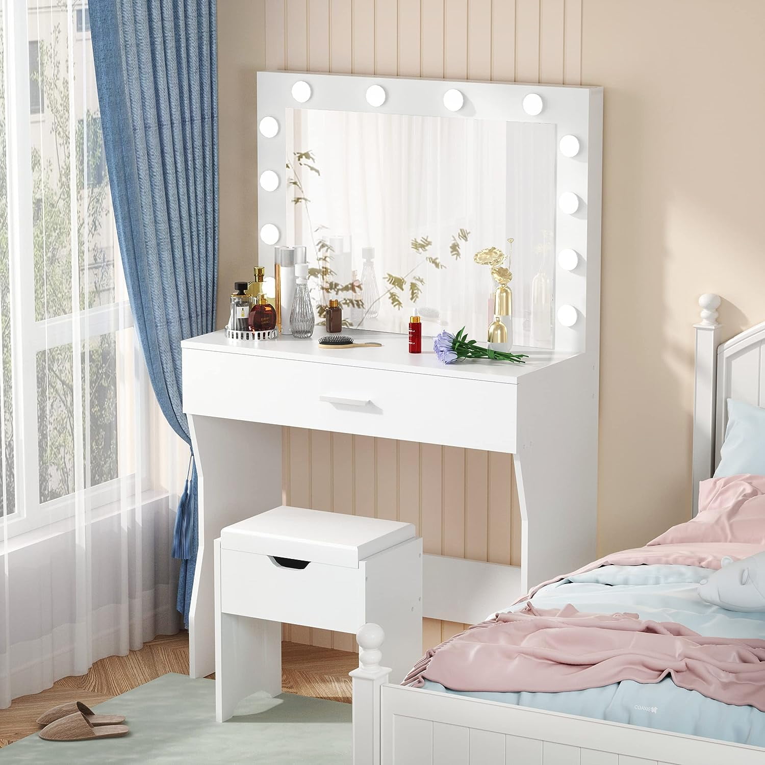 Vanity with Lighted Mirror, Makeup Vanity Set Desk with Storage Stool