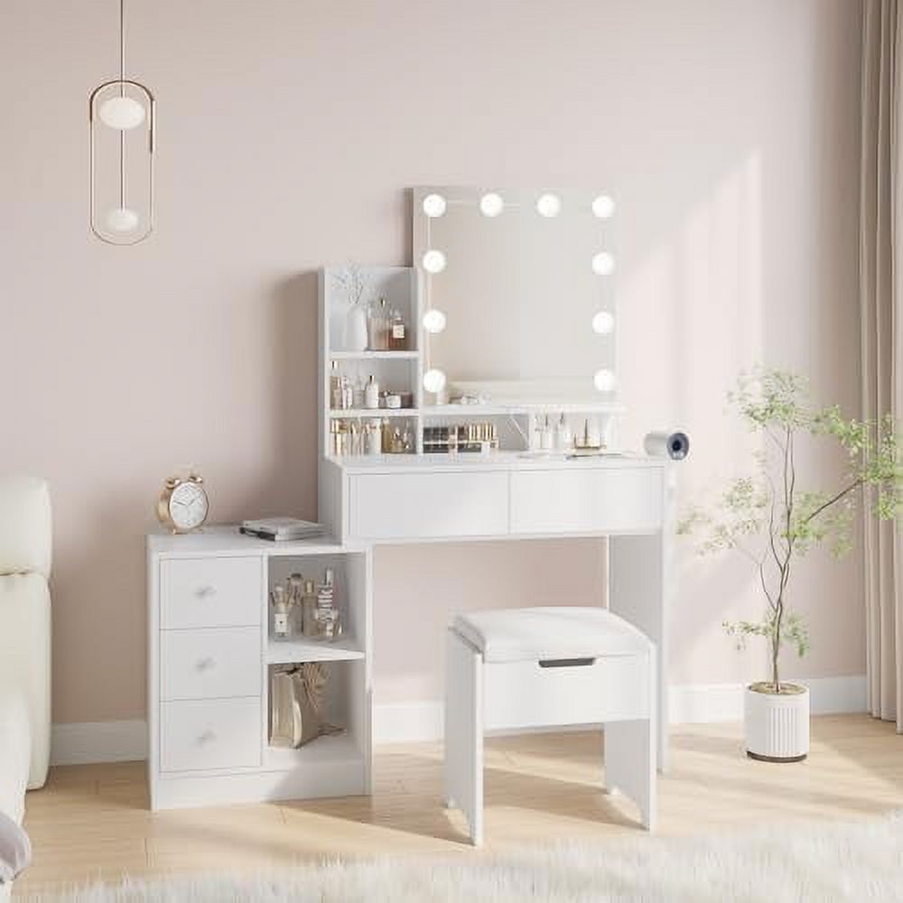 Vanity with Lights and Charging Station Functional White Vanity Table