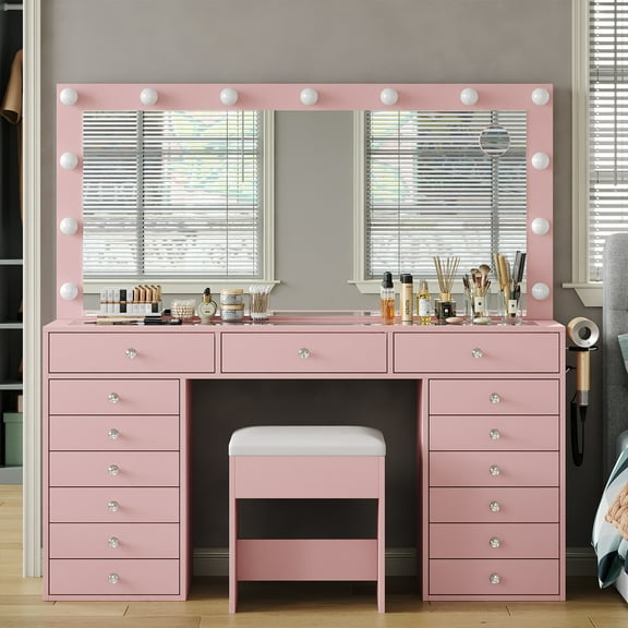 Yanosaku Glass Vanity Desk with Mirror, LED Lighting, Drawers for Makeup Storage, Includes Chair