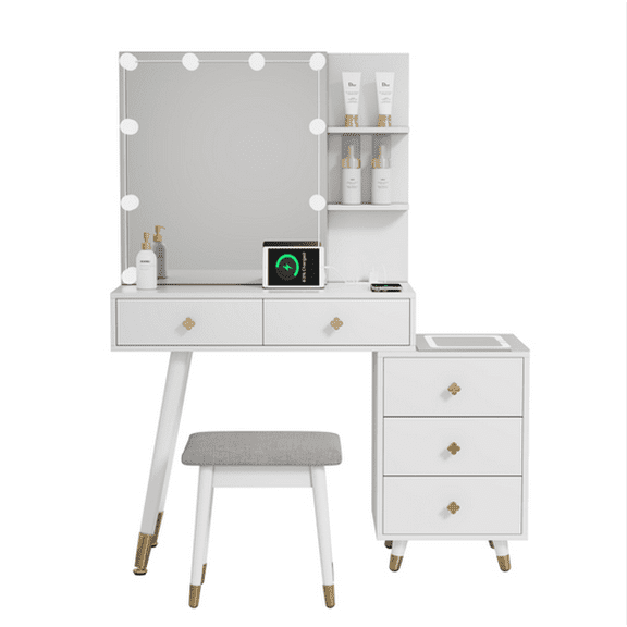 VanityTable, LED Dressing Table with Mirror Cabinet, White Makeup Desk Set with Electrical Outlet, Copper Trim,5 Drawers and 2-Tier Storage Shelf