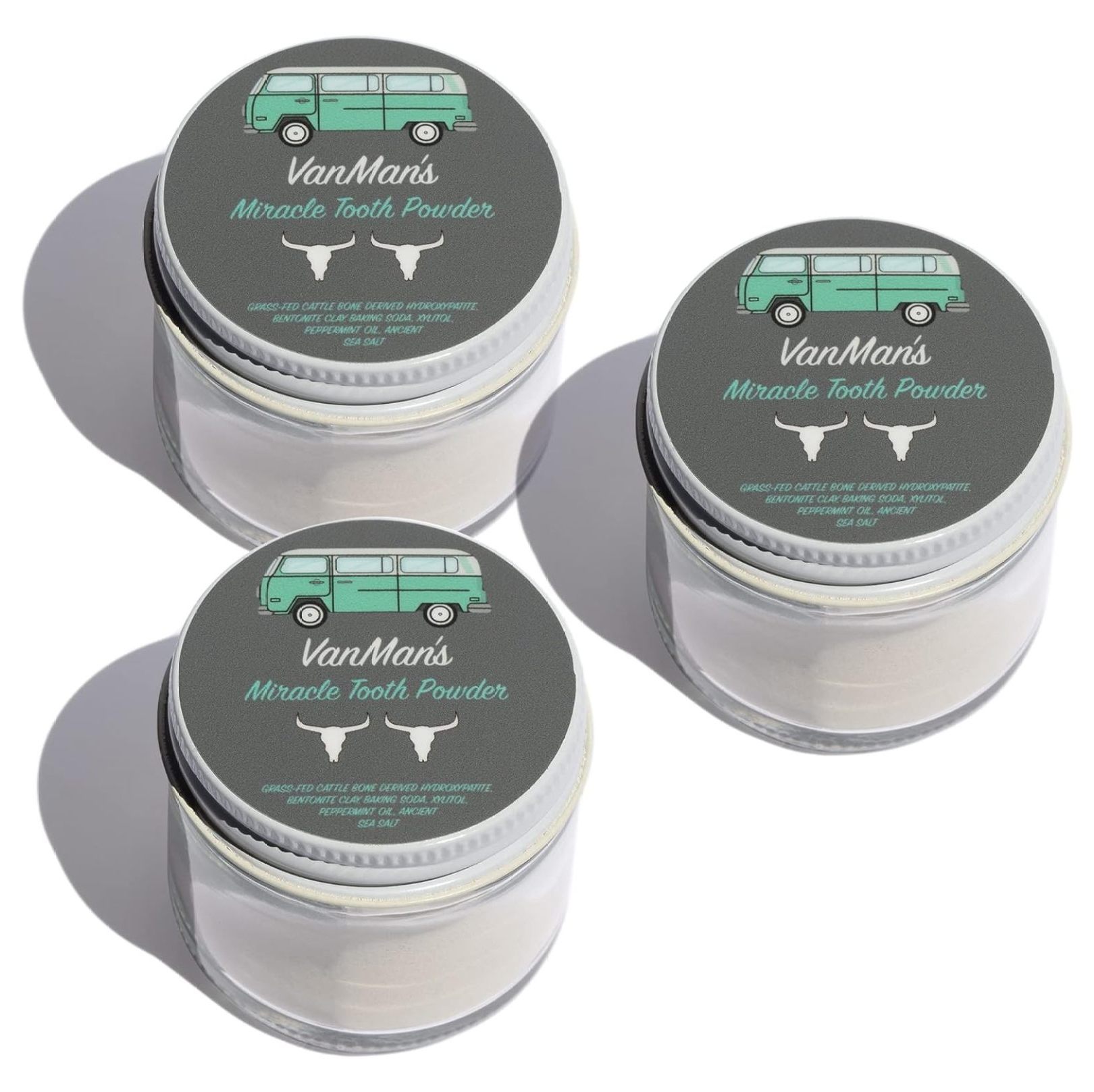 Vanman’s Mint & Bone Tooth Powder (3 Pack) - Teeth Whitening Powder w/Cattle Bone Derived Hydroxyapatite, Bentonite Clay, Peppermint Oil & More - Flouride- Mint Flavored Remineralizing Powder