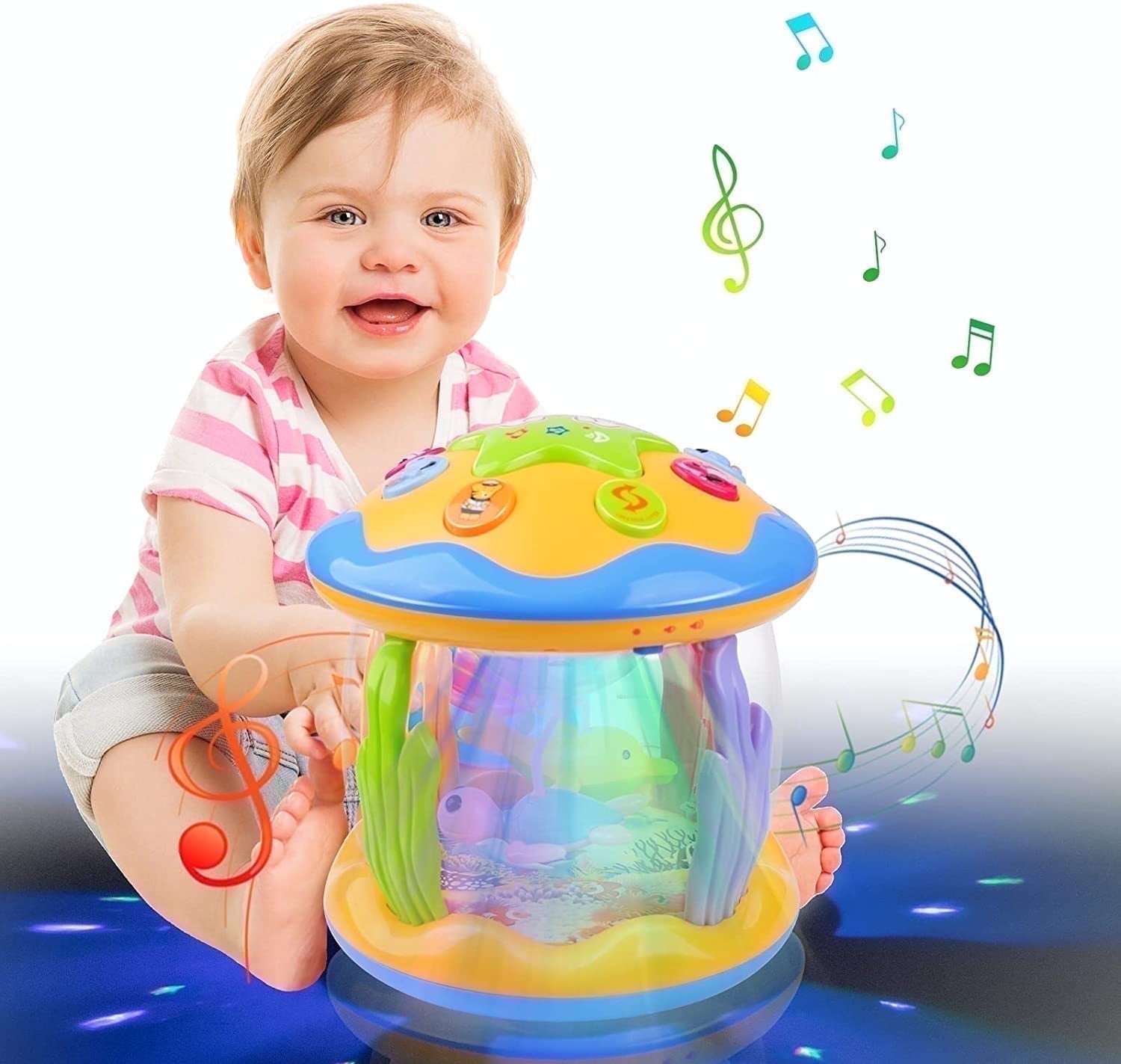 Vanmor Baby Musical Toys with Light Up for Toddlers 1 2 3, Baby Toys Rotating Ocean Projector Infant Toys 12-18 Month, Sitting Crawling Interactive Toys for Babies, Christmas Gifts Toys for Toddler